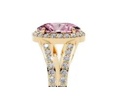 Fancy Pink Oval Cut Diamond Halo Split Shank Pavé Ring Set in Yellow gold with Prong Setting