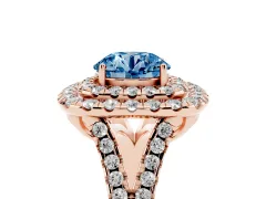Fancy Blue Round Cut Diamond Double Halo Ring Set in Rose gold with Pavé Split Shank and Prong Setting