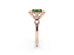 Fancy Green Emerald Cut Diamond Floral Halo Ring Set in Rose gold with Shared Prong Band