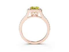 Fancy Yellow Asscher Cut Diamond Halo Engagement Ring Set in Rose gold with Round Pavé Shoulders and Heart Gallery