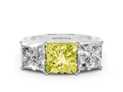 Fancy Yellow Princess Cut Diamond Three-Stone Ring Set in White gold with Textured Band