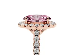 Fancy Pink Oval Cut Diamond Pavé Halo Engagement Ring Set in Rose gold with Pavé Band and Prong Setting