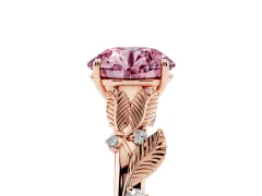 Fancy Pink Round Cut Diamond Solitaire Ring Set in Rose gold with Leaf Motif Band