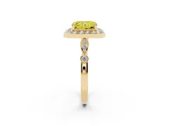 Fancy Yellow Radiant Cut Diamond Halo Engagement Ring Set in Yellow gold with Twisted Band and Prong Setting