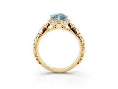 Fancy Blue Marquise Cut Diamond Halo Ring Set in Yellow gold with Filigree Leaf Band and Prong Setting