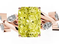 Fancy Yellow Radiant Cut Diamond Solitaire Ring Set in Rose gold with Twisted Marquise Accent Band