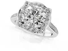 Round Cut Diamond Halo Ring Set in Silver with Pavé-Lined Shoulders and Prong Setting