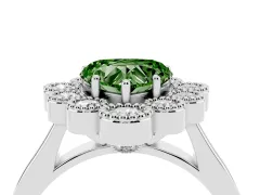Fancy Green Heart Cut Diamond Cluster Halo Ring Set in Silver with Milgrain Bezel Accents and Plain Band