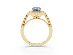 Fancy Blue Emerald Cut Diamond Milgrain Halo Solitaire Ring Set in Yellow gold with Bezel Set Side Stones and Pavé Band
