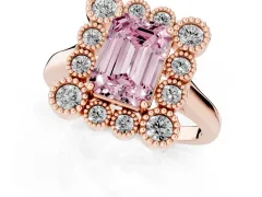 Fancy Pink Emerald Cut Diamond Cluster Halo Ring Set in Rose gold with Milgrain Bezel Accents and Plain Band
