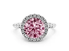 Fancy Pink Round Cut Diamond Halo Ring Set in Platinum with Plain Twisted Band