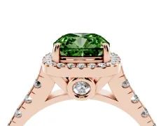 Fancy Green Cushion Cut Diamond Halo Engagement Ring Set in Rose gold with Pavé Band and Prong-Set Center