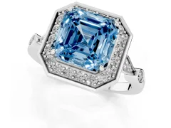 Fancy Blue Asscher Cut Diamond Halo Engagement Ring Set in White gold with Twisted Band and Prong Setting