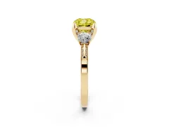 Fancy Yellow Cushion Cut Diamond Three-Stone Ring Set in Yellow gold with Pavé Band and Smaller Side Stones