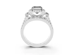 Fancy Black Asscher Cut Diamond Halo Split Shank Ring Set in Platinum with Round Accent Stones and Prong Setting