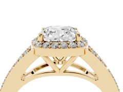 Cushion Cut Diamond Halo Split Shank Pavé Ring Set in Yellow gold with Prong Setting