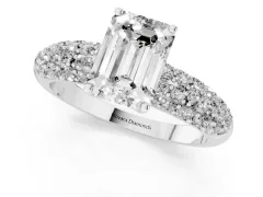 Emerald Cut Diamond Pavé Band Solitaire Ring Set in Platinum with Close-Set Accent Stones and Prong Setting