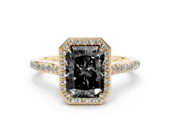 Fancy Black Radiant Cut Diamond Halo Engagement Ring Set in Yellow gold with Round Pavé Shoulders and Heart Gallery