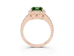 Fancy Green Asscher Cut Diamond Halo Ring Set in Rose gold with Pavé Shoulders and Halo-Framed Center