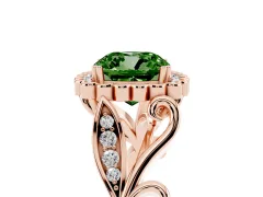 Fancy Green Cushion Cut Diamond Halo Ring Set in Rose gold with Leaf Motif Split Shank and Prong Setting