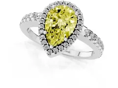 Fancy Yellow Pear Cut Diamond Halo Ring Set in Platinum with Pavé Shoulders and Halo-Framed Center