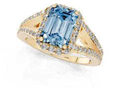 Fancy Blue Emerald Cut Diamond Halo Split Shank Pavé Ring Set in Yellow gold with Prong Setting