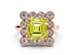 Fancy Yellow Asscher Cut Diamond Cluster Halo Ring Set in Rose gold with Milgrain Bezel Accents and Plain Band