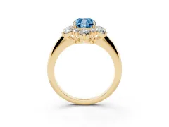 Fancy Blue Cushion Cut Diamond Cluster Halo Ring Set in Yellow gold with Solitaire Band and Prong Setting