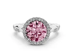 Fancy Pink Round Cut Diamond Halo Twist Band Solitaire Ring Set in Platinum with Prong Setting