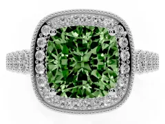 Fancy Green Cushion Cut Diamond Milgrain Halo Solitaire Ring Set in Platinum with Bezel Set Side Stones and Pavé Band