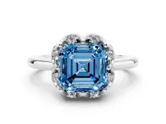 Fancy Blue Asscher Cut Diamond Round Cluster Halo Ring Set in Platinum with Solitaire Band and Prong Setting