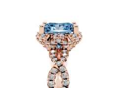 Fancy Blue Princess Cut Diamond Halo Twist Band Solitaire Ring Set in Rose gold with Prong-Set Center Stone