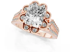 Radiant Cut Diamond Floral Halo Split Shank Engagement Ring Set in Rose gold with Pavé Shank