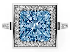 Fancy Blue Princess Cut Diamond Halo Ring Set in Platinum with Accent-Lined Split Shank and Prong Setting