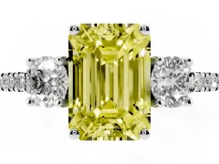 Fancy Yellow Emerald Cut Diamond Three-Stone Ring Set in Silver with Pavé Band and Graduated Sides