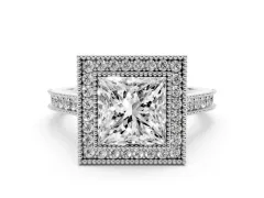 Princess Cut Diamond Halo Milgrain Pavé Band Ring Set in White gold with Prong Setting