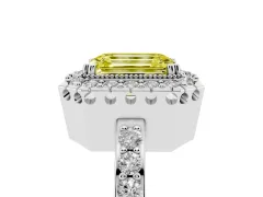 Fancy Yellow Emerald Cut Diamond Halo Ring Set in White gold with Pavé Shank and Prong Setting