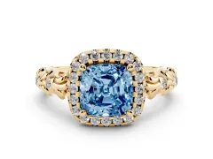 Fancy Blue Cushion Cut Diamond Halo Ring Set in Yellow gold with Filigree Leaf Band and Prong Setting