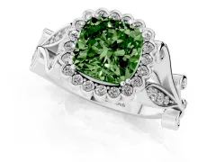 Fancy Green Cushion Cut Diamond Halo Ring Set in Silver with Leaf Motif Split Shank and Prong Setting