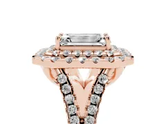 Emerald Cut Diamond Double Halo Ring Set in Rose gold with Pavé Split Shank and Prong Setting