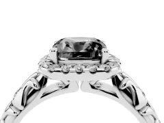 Fancy Black Cushion Cut Diamond Halo Ring Set in Silver with Filigree Leaf Band and Prong Setting
