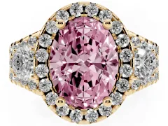 Fancy Pink Oval Cut Diamond Halo Split Shank Ring Set in Yellow gold with Round Accent Stones and Prong Setting