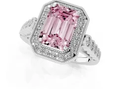 Fancy Pink Emerald Cut Diamond Milgrain Halo Solitaire Ring Set in White gold with Bezel Set Side Stones and Pavé Band