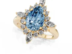Fancy Blue Pear Cut Diamond Cluster Halo Ring Set in Yellow gold with Marquise and Round Accents