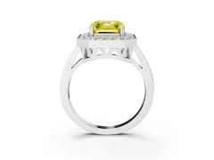Fancy Yellow Asscher Cut Diamond Halo Ring Set in White gold with Accent-Lined Split Shank and Prong Setting