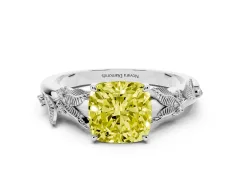 Fancy Yellow Cushion Cut Diamond Solitaire Ring Set in Platinum with Leaf Motif Band