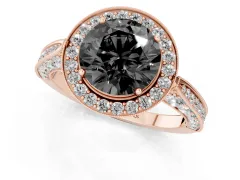 Fancy Black Round Cut Diamond Halo Engagement Ring Set in Rose gold with Accent Split Shank Band