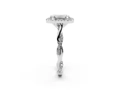 Emerald Cut Diamond Halo Twist Band Solitaire Ring Set in White gold with Prong Setting