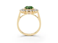 Fancy Green Round Cut Diamond Floral Double Halo Ring Set in Yellow gold with Round Petals