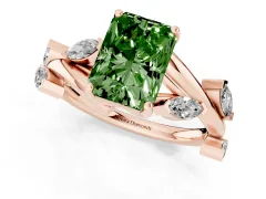 Fancy Green Radiant Cut Diamond Solitaire Ring Set in Rose gold with Twisted Marquise Accent Band